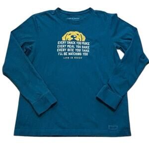 Life is Good Crusher Tee Dog Watching You Eat Teal Blue Green Cotton Medium